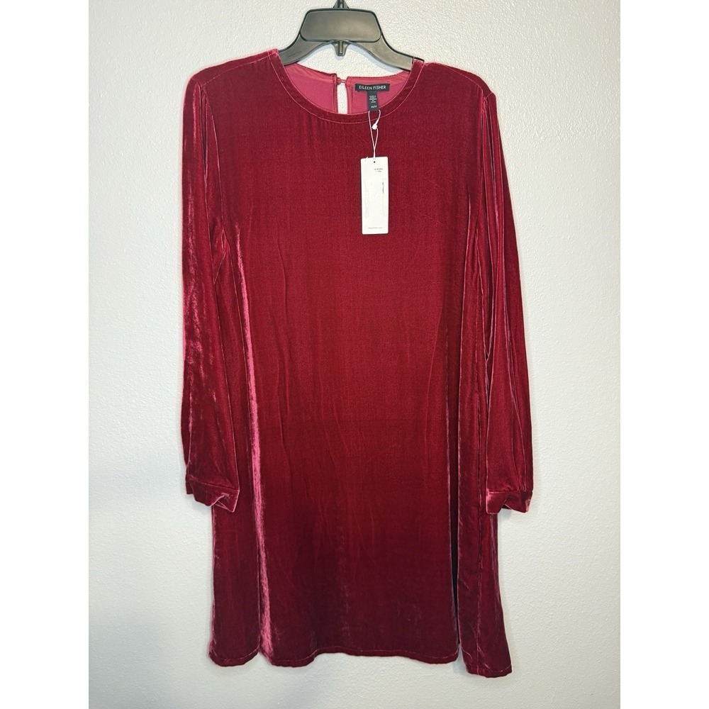 Eileen Fisher Ruby Red Silk Velvet Crew Neck Knee Length Dress Tunic XS $348